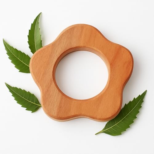Image of Shark Doo Doo Neem Wood Baby Teether (Flower) | Organic & Handcrafted | Chemical-Free, Paint-Free, Antibacterial Teething Toy for Babies