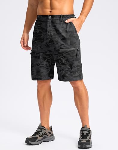 Pudolla Men's Hiking Cargo Shorts 9" Lightweight Stretch Travel Work Shorts for Men Outdoor Casual with 5 Pockets(Black Camo Medium) — view 2