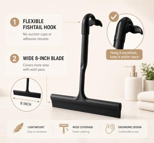 Image of Shower Squeegee for Glass Doors, 10-Inch Silicone, Fishtail Type Hook,Black | One-piece Silicone, Fishtail Hook, Non-slip Grip and Quiet Glide for Shower Glass, Tile, Mirrors, Windows and Car Glass