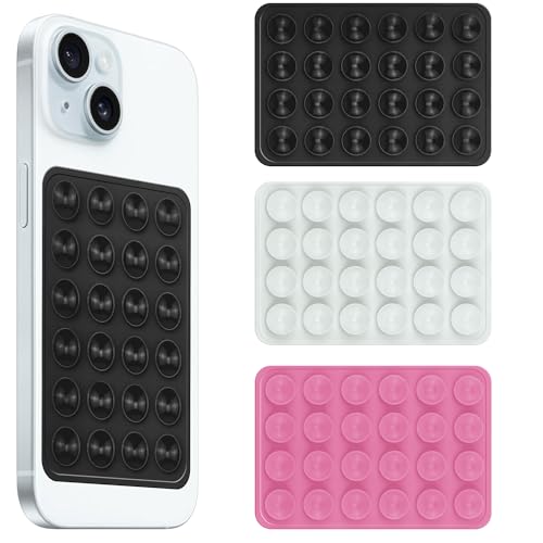 Image of amazon basics Suction Phone Case Anti-Slip Silicone Hands-Free Sticky Pads for Phone Case Mount for Selfies Videos Mirror Shower Car Dashboard - Black,White,Pink (Pack of 3)