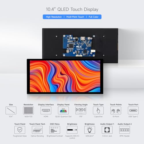 Image of waveshare 10.4inch QLED Quantum Dot Display, 1600x720 Resolution, Compatible with Raspberry Pi 5 /4B /3B /Zero /Zero W /Zero 2W /Pico /Pico W /Pico WH, Jetson Nano and PC