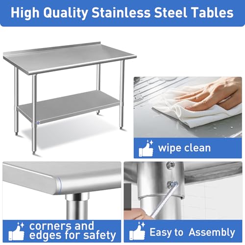 Image of ROCKPOINT Stainless Steel Table for Prep & Work with Backsplash 24x36 Inches, NSF Metal Commercial Kitchen Heavy Duty Table with Adjustable Under Shelf and Table Foot for Restaurant, Home and Hotel
