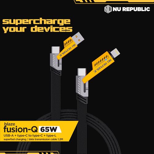 Image of Nu Republic Blaze Fusion-Q 65W 4-in-one 1.2m USB-A to Type-C to Type-C + Type-L Metal Connector Fast Data Charging Carbon Texture Braided Cable (Black)