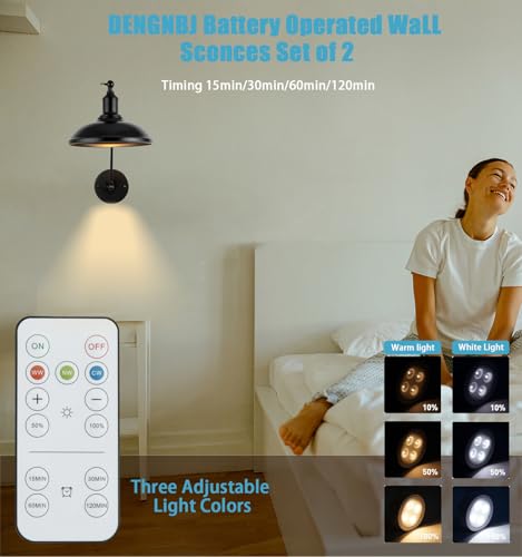 Image of Black Wireless Battery Operated Wall sconces 9.5 inch, Wall sconces Set of Two Battery Powered Wall Sconce with Remote Control, Adjustable Black Wall Sconce for Bedroom Hallway Living Room