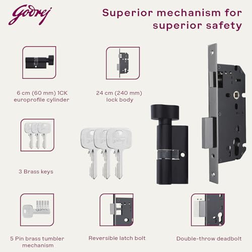 Image of Godrej Mortise Lock|Handle Lock Set for Main & Bedroom Door|HDH 07 Brass Home Decor Handle| Matte Black Finish|10 inch Lockbody|60 mm Cylinder Key Outside& knob from Inside 4 Keys |5 Years Warranty