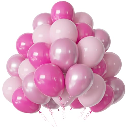 Image of 60pc Pink Balloons Metallic Rose Red Balloon Hot Pink Latex Ballons and Dark Magenta Balloons for Birthday Baby Shower Princess Party Decorations