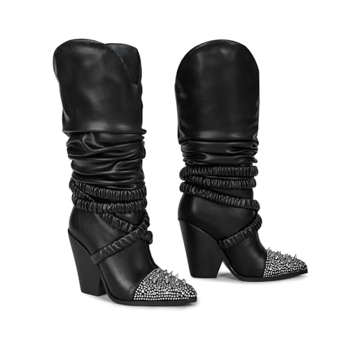 Image of Women's Studded Pointed Toe Western Boots Slouchy Knee High Chunky Heel | Studded Pointed Toe with Ruched Strap Detail and Chunky Heel