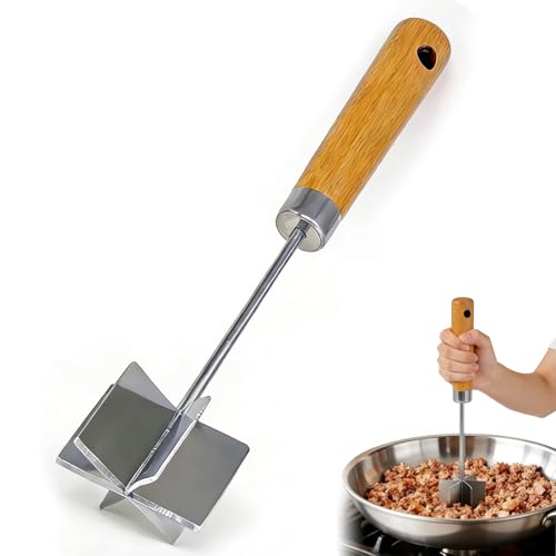 Image of Stainless Steel Meat Chopper & Masher, 10.6 Inch Ground Beef Chopper Tool with 6 Curve Blades & Wooden Handle, Heat Resistant Meat Masher, Heavy-Duty Hamburger Smasher & Multi-Use Kitchen Tool