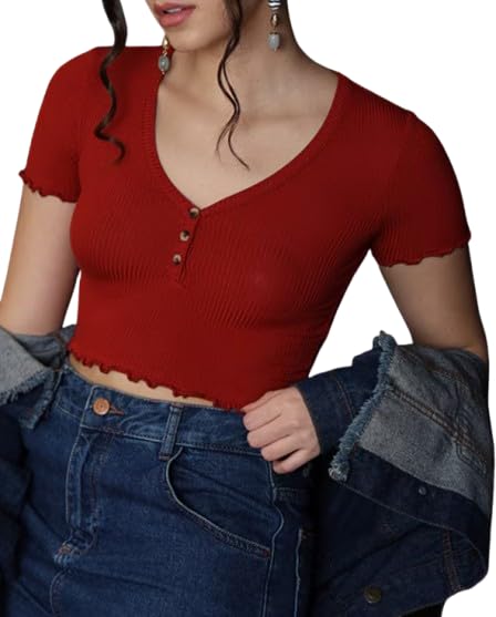 Jhoomantroo Women's Cotton Blend V-Neck Crop Top – Short Sleeve, Casual Slim Fit, Summer Stylish T-Shirt for Girls & Women