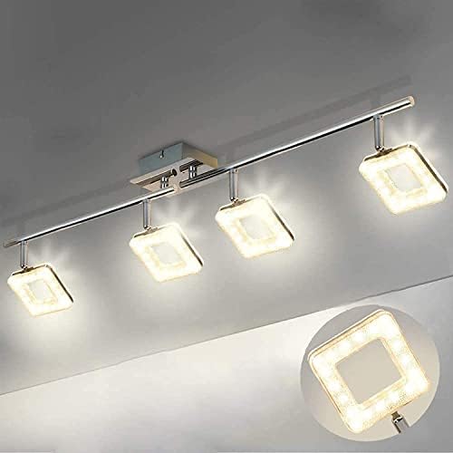LED Stylish Ceiling Spotlight, 4 Way Straight Rotatable Spotbar, 3000K Warm White Square Crystal Design Lamphead, Chrome Finish Ceiling Light Fitting,4 * 5W Kitchen Track Light for Bedroom Living Room