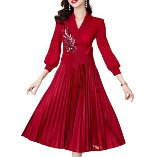 Robe de soirée mi-longue col en V à manches lanternes et nœud uni