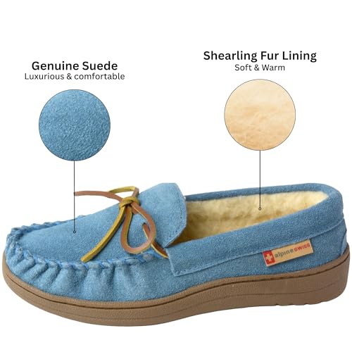 Image of Alpine Swiss Sabine Womens Moccasin Slippers Genuine Suede House Shoe Memory Foam Insole Plush Faux Shearling Fur Indoor Outdoor Anti-Slip Rubber Sole