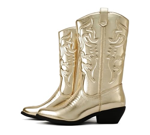 Soda “Rodeo” ~ Women's Knee High Western Cowboy Boots with Stitched Detailing, Pointed Toe, and Low Block Heel
