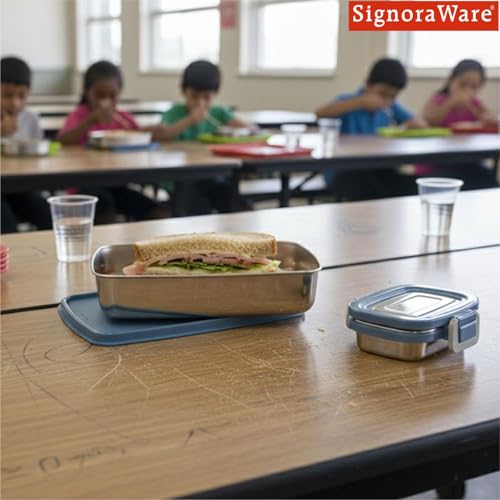 Image of SignoraWare Munch Mate Stainless Steel Lunch Box | Airtight & Leakproof | Durable & Compact | Easy to Carry | Ideal Tiffin for Office, School & Travel (850ml + 160ml | EBlue)