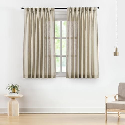 Image of Vision Home Sand Pinch Pleated Semi Sheer Curtains Textured Linen Blended Light Filtering Window Curtains 63 inch for Living Room Bedroom Pinch Pleat Drapes with Hooks 2 Panels 40 inch Wx63 L,Camel Beige