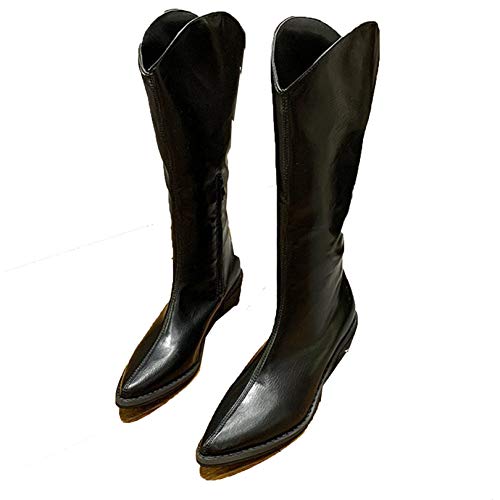 Frauen Kniehohe Stiefel einfarbige Spitze Zehen schwarzer Absatz Vintage Lederstiefel Reißverschluss Warmes Futter Mode Biker Stiefel