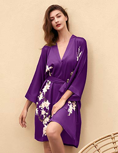 Image of BABEYOND Kimono Robe Cover up Short Satin Floral Silky Kimono Blouse Loose Bachelorette Party Robe