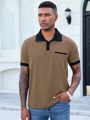 Image of Men's Casual Polo Shirts Summer Short Sleeve Contrast Collar Buttoned Tee Polo Shirt with Pocket