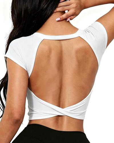 DaiLiWei Débardeurs d'entraînement pour Femme - Dos Ouvert - Soutien-Gorge de Sport Long - Haut Court de Yoga - T-Shirt de Sport à Manches Courtes avec Soutien-Gorge intégré, Blanc, Taille L
