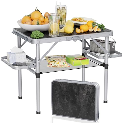 Titanker Folding Camping Table Small 2ft, Small Camp Table Portable with Side Racks & Storage Net, Folding Picnic Beach Table Portable, Car Camping Essentials, Aluminum Light Solid, Silver