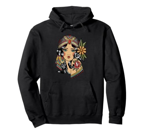 Gypsy Lady Head Fortune Teller American Traditional Tattoo Pullover Hoodie