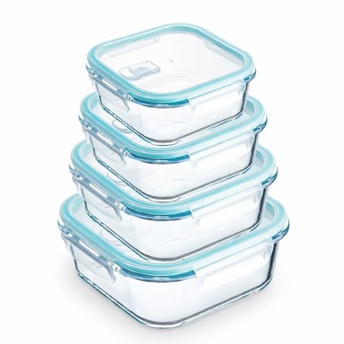 Mayaaran Glass Food Storage Containers with Lids – 4 Pack Square, Airtight Leak Proof Meal Prep Containers, Microwave Safe Glass Lunch Box for Fridge & Kitchen Storage