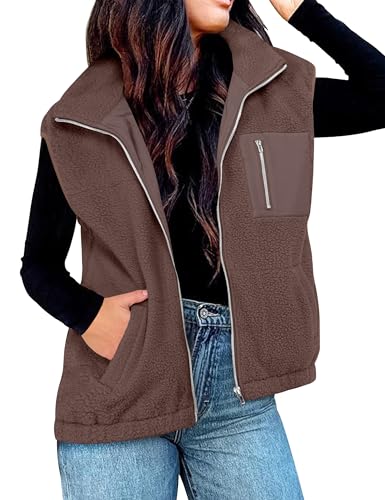 ANRABESS Womens Fuzzy Fleece Vest Oversized Sleeveless Sherpa Jacket Casual Warm Outerwear With Pockets Fall Fashion Clothes Brown Medium