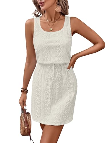 Acelitt Spring Summer Tank Dresses for Women 2025 Hollow Out Textured Drawstring Mini Dress
