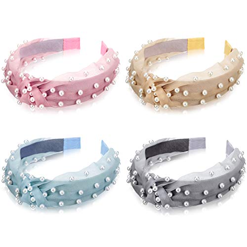 4 Pieces Women Pearl Headbands Bow Knot Gauze Hairband Twisted Faux Pearl Headbands Wide Knotted Turban Headbands for Women Girl Hair Accessories Decors