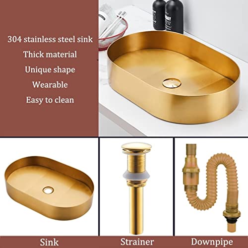 Xyqsby Single Bowl Bar Counter Kitchen Sink Golden Oval 304 Stainless Steel Bathroom Sink With Drain Pipe Countertop Installation Suitable For Bathroom, Bar, Hotel (Color : Gold, Size : 55X35X10Cm) #TOP3