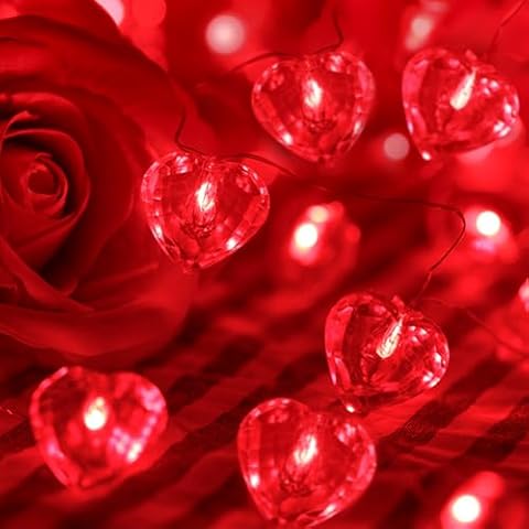 Luditek Valentines Day Decor 50 LED Diamond Cut Red Heart Twinkle Fairy String Lights for Weddings Dating Valentines Day Garland Indoor Outdoor Home Decorations, 8 Lighting Modes with Timer Cover
