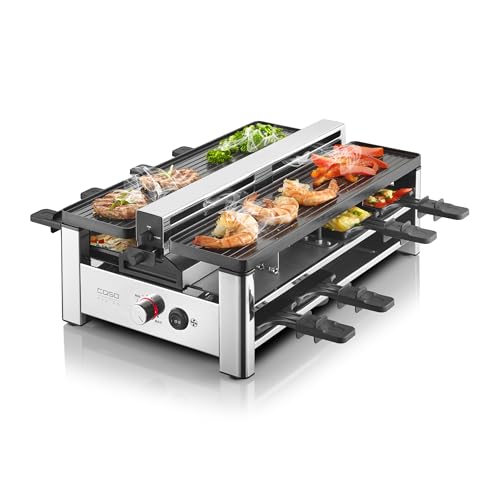CASO Raclette AirClean   Raclette grill para hasta 8 personas con extractor de humos integrado de dos etapas, 1500W, revestimiento antiadherente, calentamiento rápido, filtro intercambiable