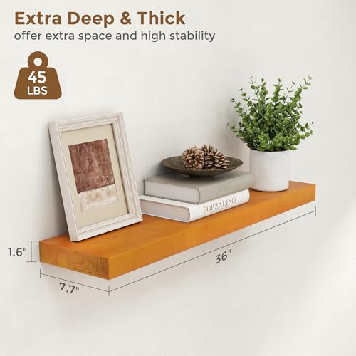 Image of Marsmiles 36 Inch Wood Floating Shelves | Rustic Honey Oak Wall Shelves Set of 2 | 36 inch W x 7.7 inch D x 1.6 inch H Wooden Shelves for Bathroom Kitchen Living Room