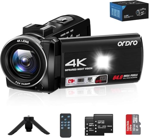 ORDRO 4K Video Camera Z36-1080P 30FPS Camcorder with IR Night Vision for YouTube, 3" HD Screen 18X Digital Zoom Vlogging Camera with Fill Light,32G Card, Remote, 2 Batteries by Ordro - Used condition - CA$103.59