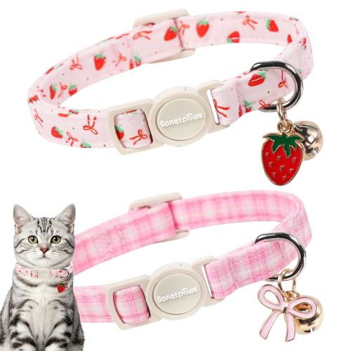 lionet paws 2 Pack Cat Collar Breakaway with Bells-Pink Plaid & Strawberry