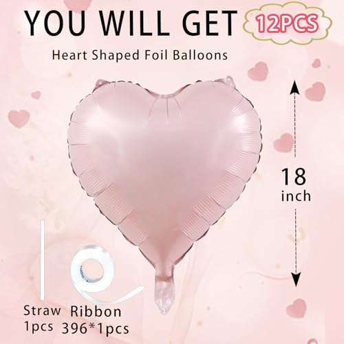 Image of Pink Heart Ballloons,18 Inch Pastel Pink Foil Love Heart Shaped Balloons 12Pcs Baby Pink love balloon for Anniversary Wedding Engagement Birthday Party Baby Shower Decorations