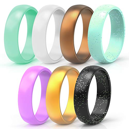 Wooany Silicone Wedding Ring for Women - 5&7 Packs Thin and Stackable Silicone Ring - Confortable and Skin Safe Rubber Wedding Bands for Women&Kids - Designed for U.S