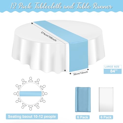 Image of 12Pack 12x108 Inch Satin Table Runner and 84 Inch Round Plastic Tablecloths White Light Blue Disposable Round Table Cover for Graduation Wedding Bridal Shower Anniversary Birthday Party Decorations