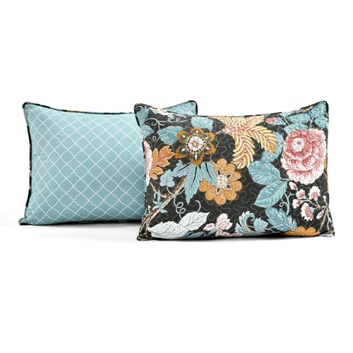 Image of Lush Decor Sydney Reversible Cotton Quilt Set, 3 Piece Set, Full / Queen, Black & Blue - Cotton Bedding Set - Black Floral Quilt - Cottage Decor - Bedding Queen Size