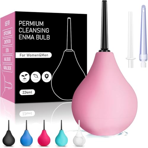 Enema Bulb Douche Enema Kit- 8 oz Reusable Clean Anal Douche for Women with 3 Replaceable Nozzle，Anal Cleaner Enema Bulb (Pink,3 Piece Set)