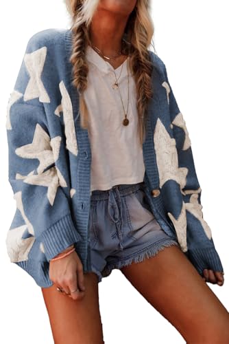 Amazon.com: KevaMolly Womens Cardigan Sweater Blue Sherpa Star