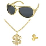 BSBUY Hip Hop Rock Accesorios, 3 Piezas Kit de Disfraces de Hip Hop, con Cadena de Rapero, Collar Anillo de Dólar, Gafas de Sol, para Disfraz de Mardi Gras y Carnival Cosplay, B