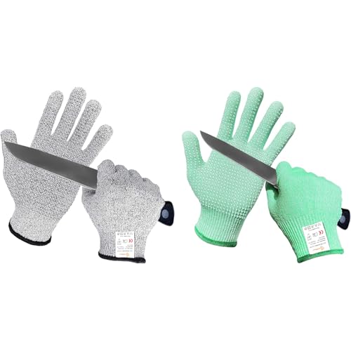 Evridwear Cutting Gloves Level 5 Cut Resistant, Food Safe Gloves with Non-Slip Grip for Kitchen, Meat Cutting & Mandoline Use, 2 Pairs (S, Green + Gray)