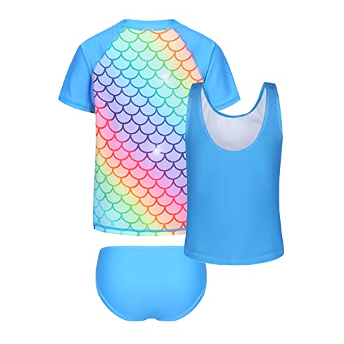 Image of Girls 3 Piece Rash Guard Swimsuits Set for Girls Short Sleeve Bathing Suits Hawaiian Swim Set 3-16 Years