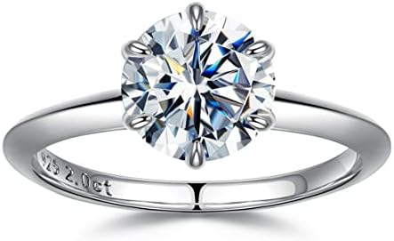 SMILEST 2ct Moissanite Rings for Women, D Color VVS1 Clarity Round Lab Grown Diamond Solitaire Ring Rhodium Plated Solid S925 Sterling Silver Moissanite Engagement Ring for Women Wedding Rings