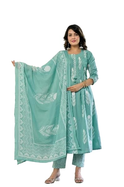 AARADHYA-CREATION Abstract Summer Cotton Salwar Suit Set, Mint Green, Floral Printed Kurta with Embroidered Dupatta, 3 Piece Set-picture-22