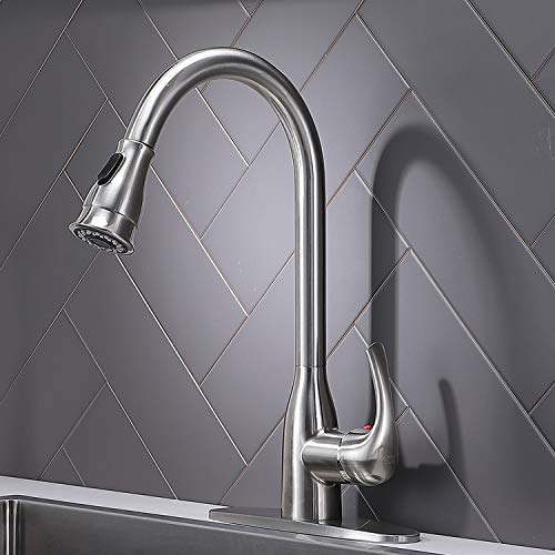 Hotis Commercial Pull Out Single Handle Stainless Steel Pull Down Sprayer Kitchen Sink Faucet, Brushed Nickel Kitchen Faucet with Plate