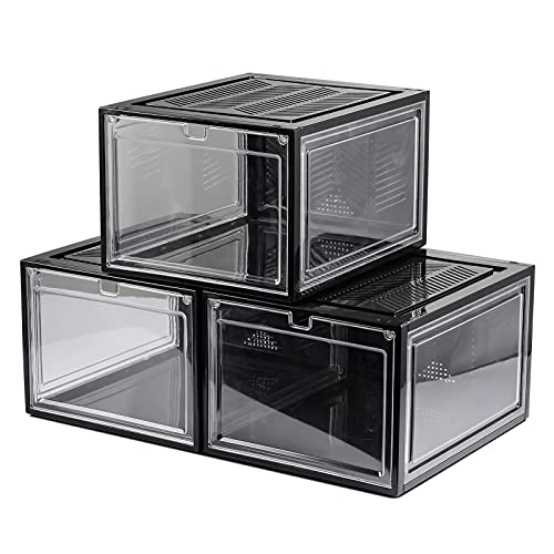 Starogegc Hat Organizer Box For Baseball Caps, 3Pack Clear Plastic Magnetic Drop Front Hat Storage Box, Stackable Caps Holder Containers, Luxury Hat Display Case (X-Large)-Black&Clear #TOP2