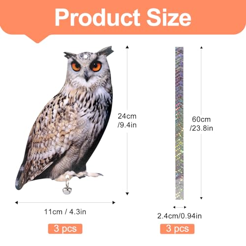 Kungfu Mall Owl to Keep Birds Away, 3 Pack Bird Scare Owl Fake Owl, Reflective Hanging Bird Decoration, Effective Bird Control Device to Keep Birds Pigeon Woodpecker Away from Patio Garden
