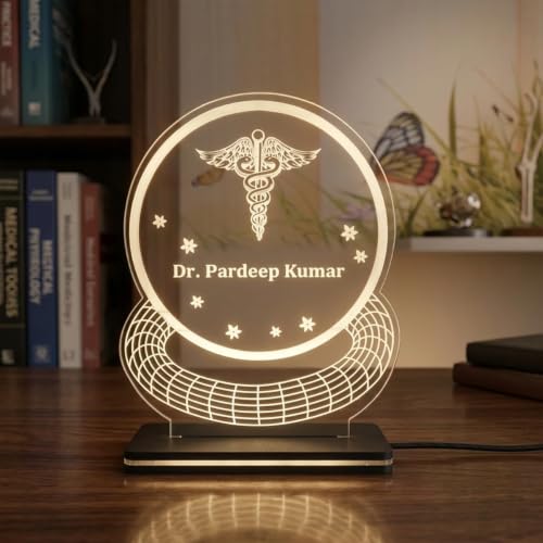 Image of Acrylic Laser Engraved Table Sign Stand For Doctor, For Dentist, For Advocate, For Lawyers, For Teacher, For Office, Acrylic LED Name Plate Signage 6 x 7 inch (Round Name Plate)